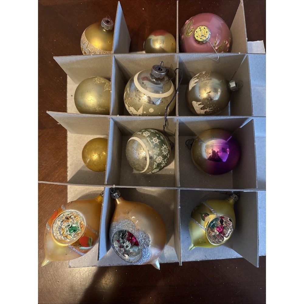 Vtg  Shiny Brite 1960s Stenciled Ornaments Gold‎ Lot Teardrop Reflector USA MCM